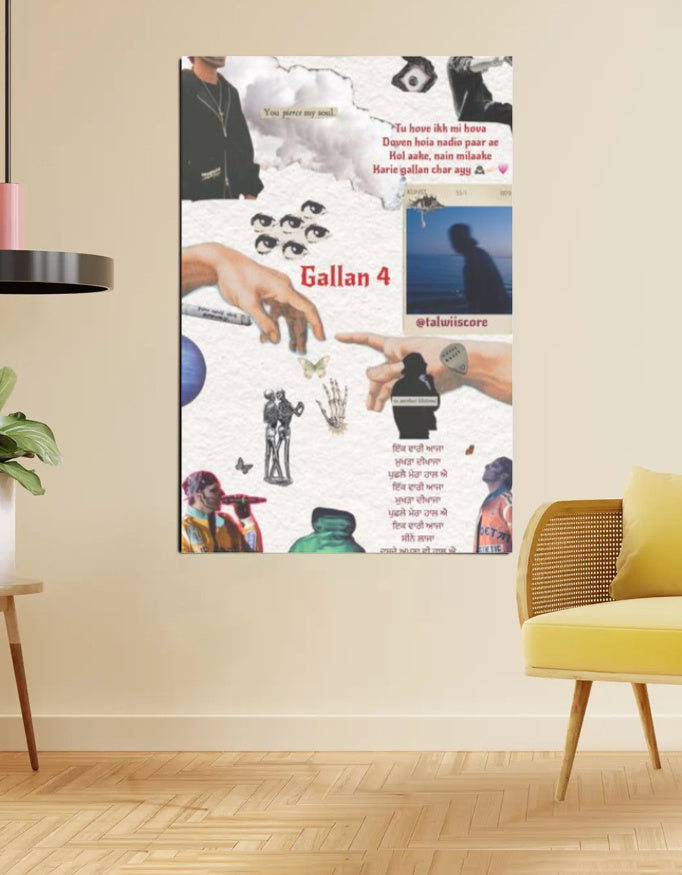 Gallan 4 – Talwinder Collage Poster (Hands, Cutouts, & Lyric Echoes)